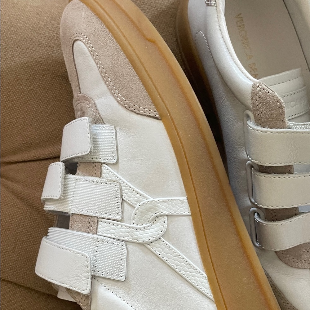 Veronica Beard White and Beige Suede Leather Velcro Sneakers